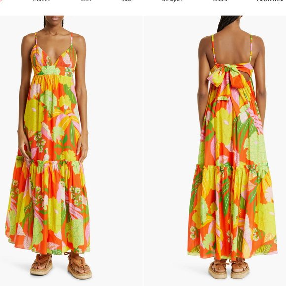 🍍FARM Rio Neon Floral Tiered Cotton Maxi Dress - Picture 3 of 7